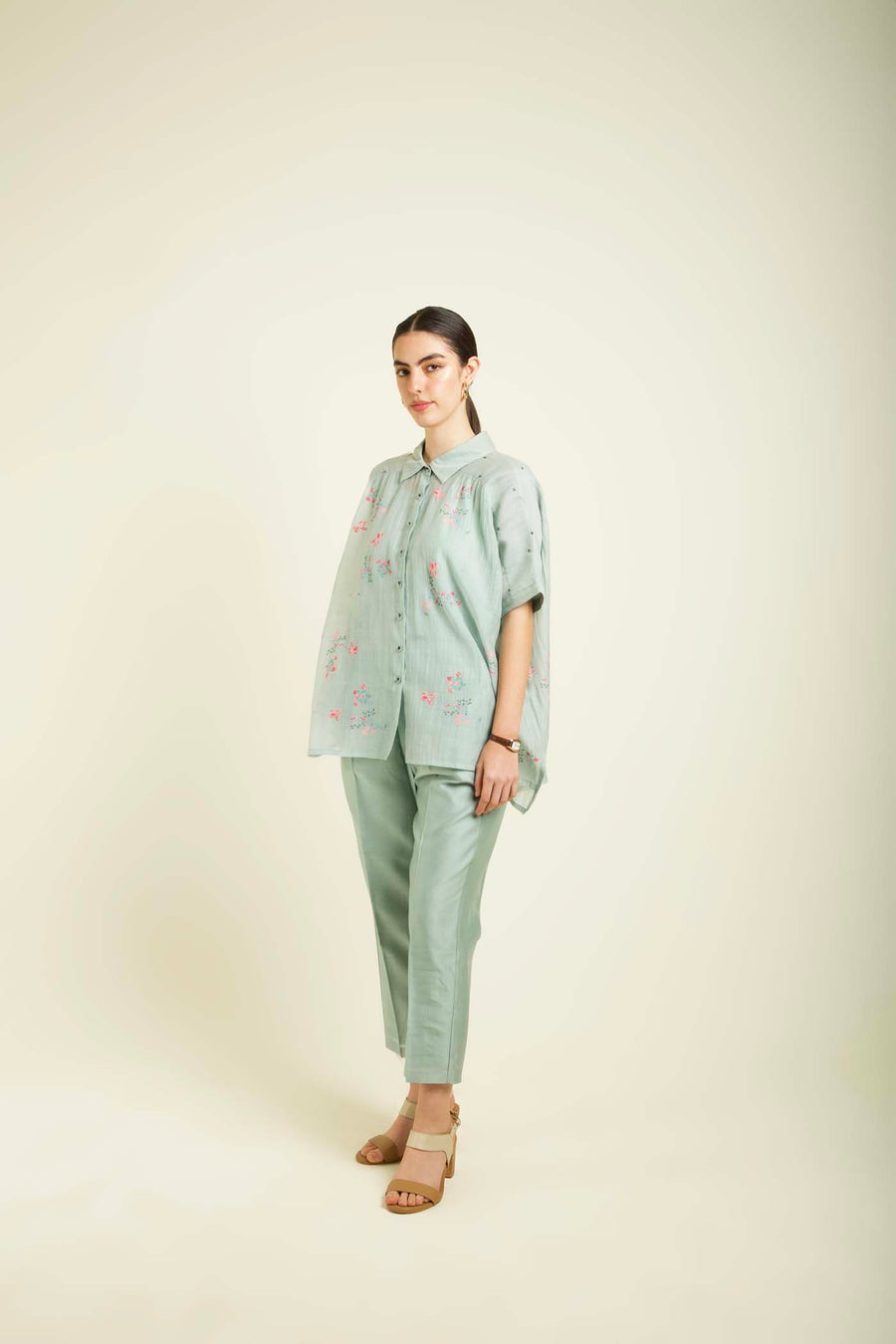 Mint Kaftan Shirt In Mul Chanderi With Embroidery Details And Straight Pants In Silk Chanderi
