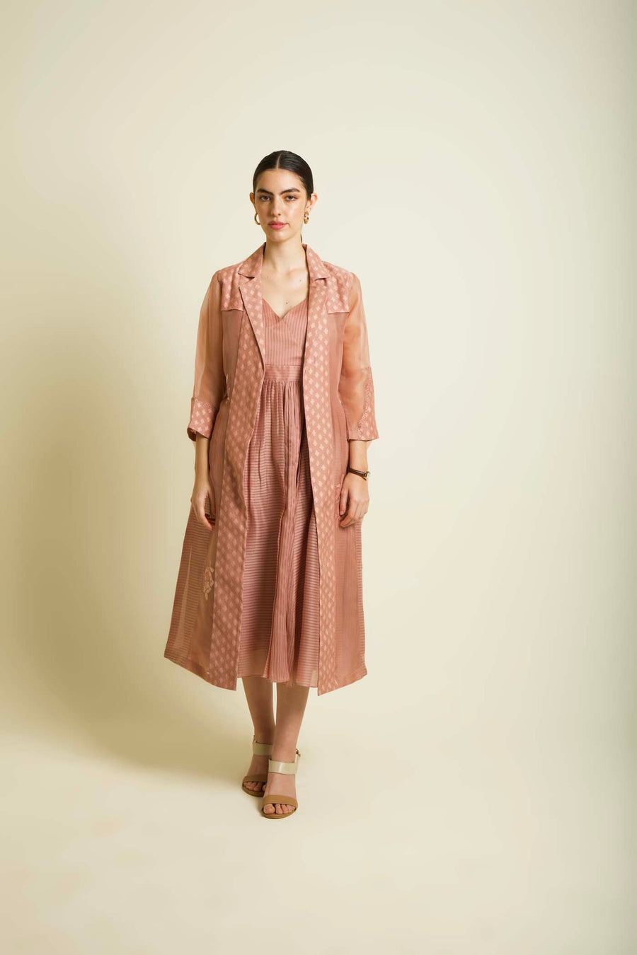 Almond Organza Embroided Jacket With Strap Dress In Stripe Organza