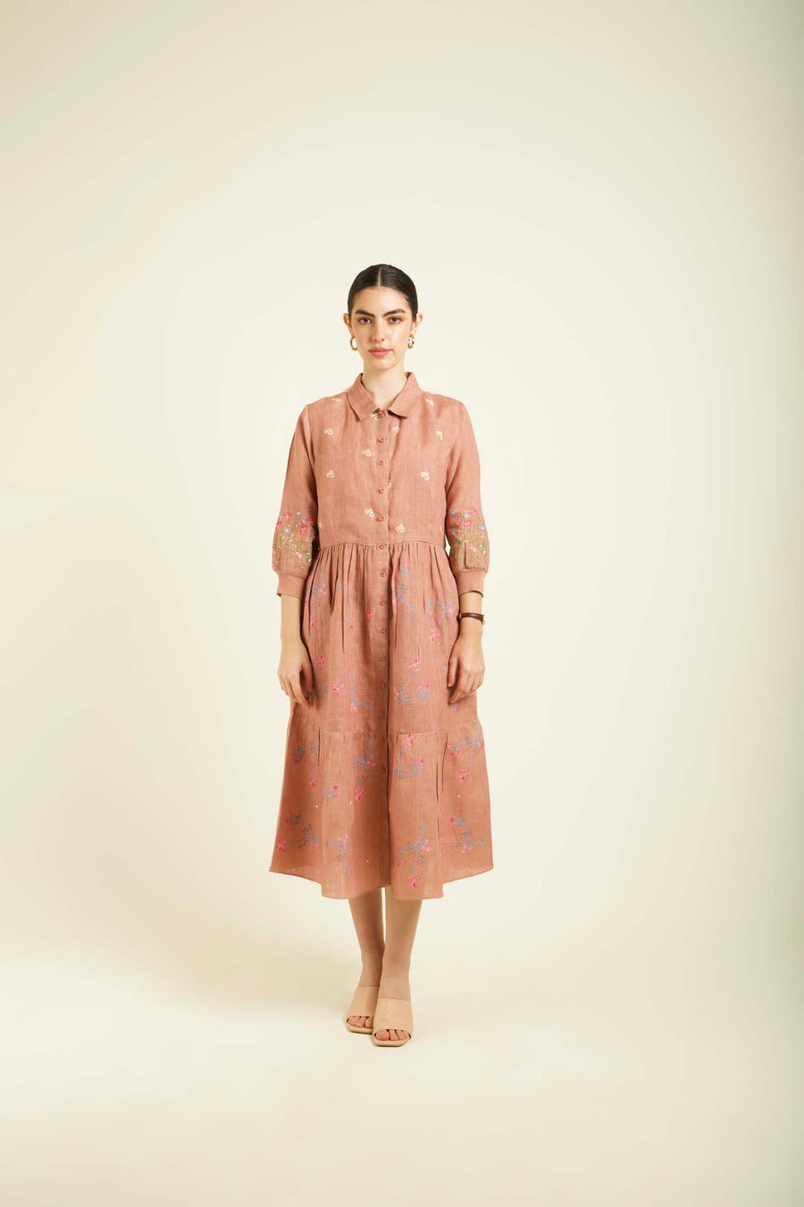 Almond Printed Gathered Dress In Linen With Embroidery Details