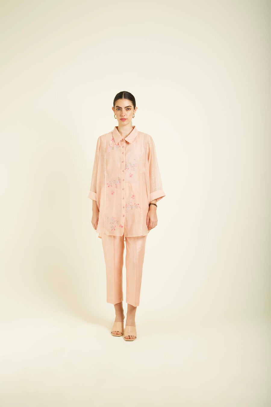 Old Rose Shirt In Mul Chanderi With Embroidey And Straight Pants In Silk Chanderi
