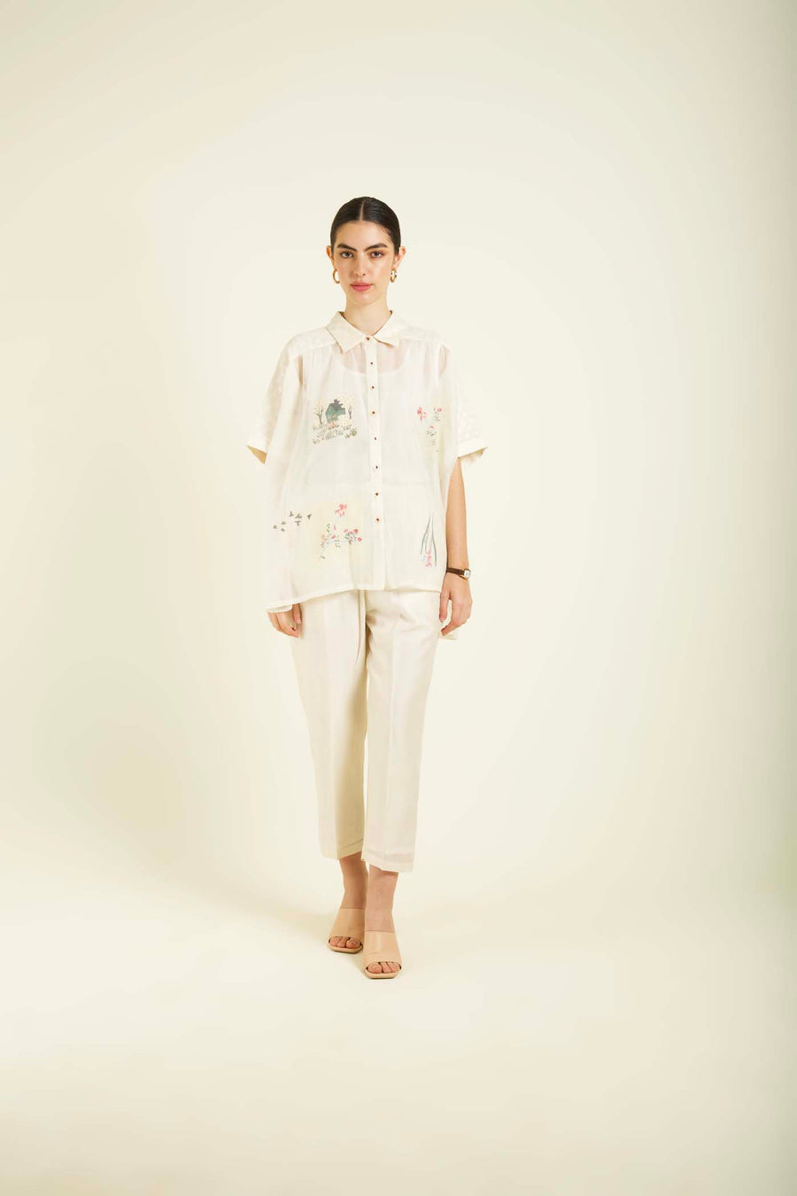 Ivory Kaftan Shirt In Mul Chanderi With Straight Pants In Silk Chanderi