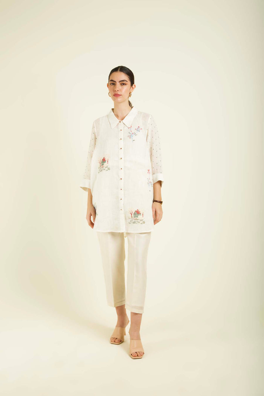 Ivory Shirt In Gauze Linen With Straight Pants In Silk Chanderi