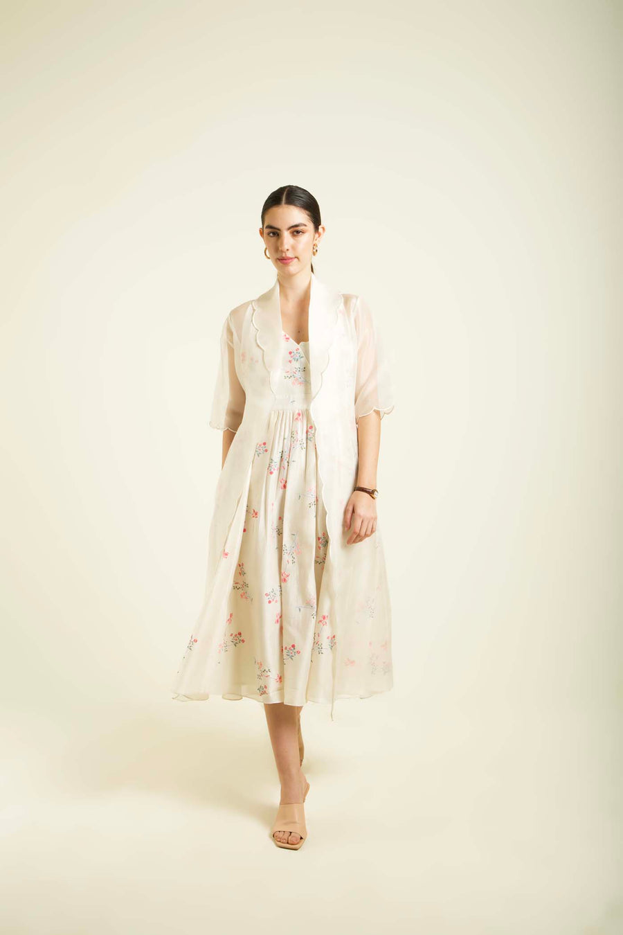 Ivory Scalloped Organza Jacket With Printed Strap Dress In Silk Chanderi