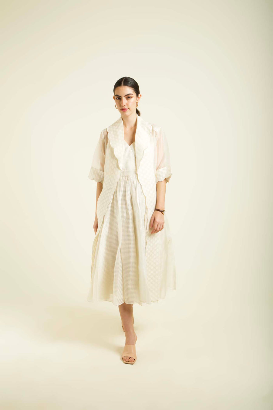 Ivory Organza Jacket With Embroidery And Strap Dress In Stripe Organza