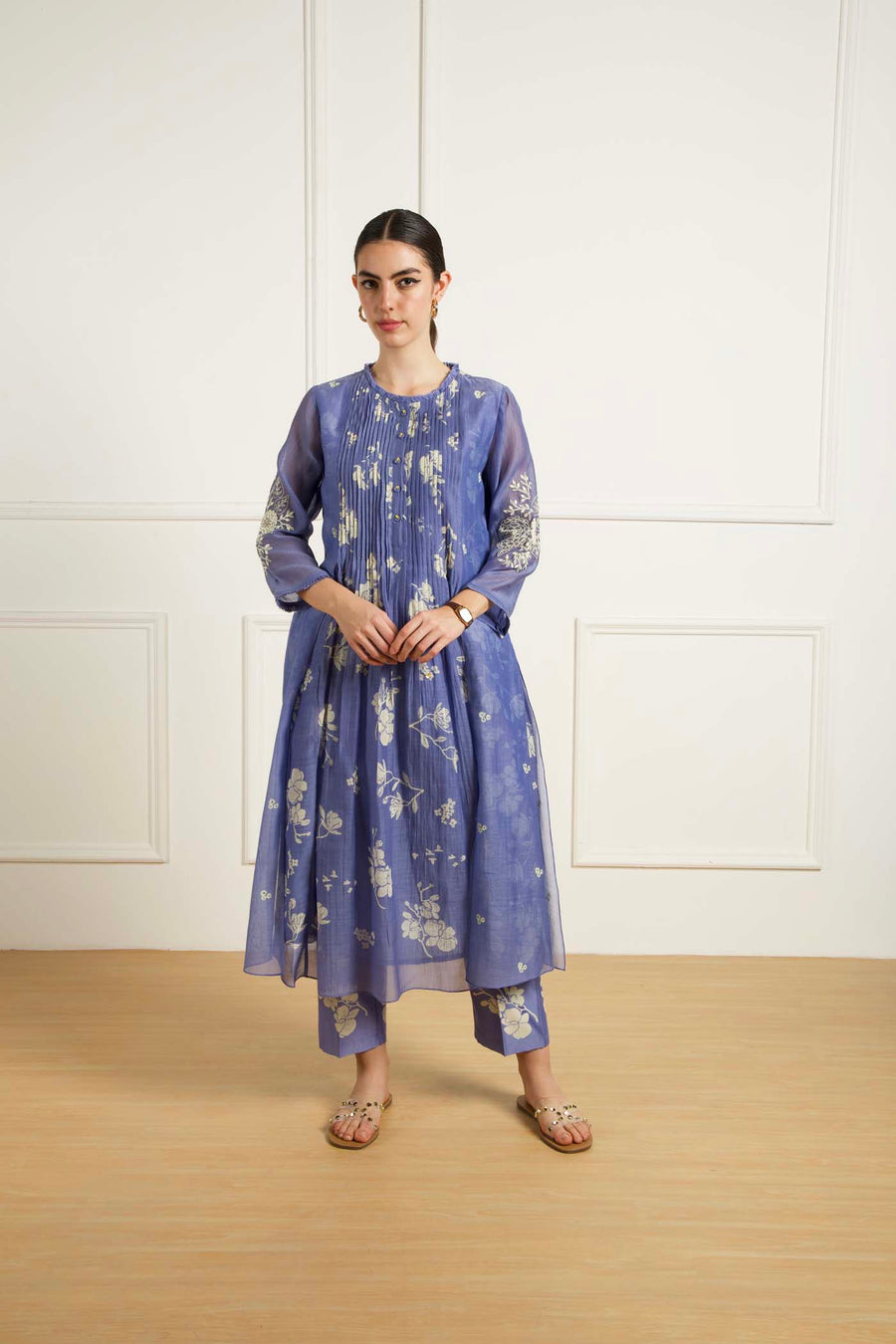 Twilight Pleated Tunic In Mul Chanderi And Printed Pants In Silk Chanderi