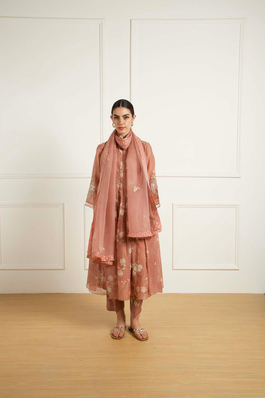 Almond Pleated Tunic In Mul Chanderi And Printed Pants In Silk Chanderi