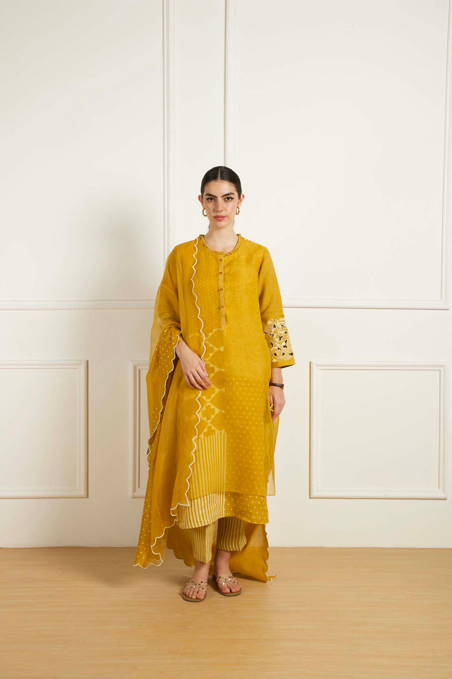 Ochre Discharge Print Double Layer Tunic In Linen And Pants In Linen