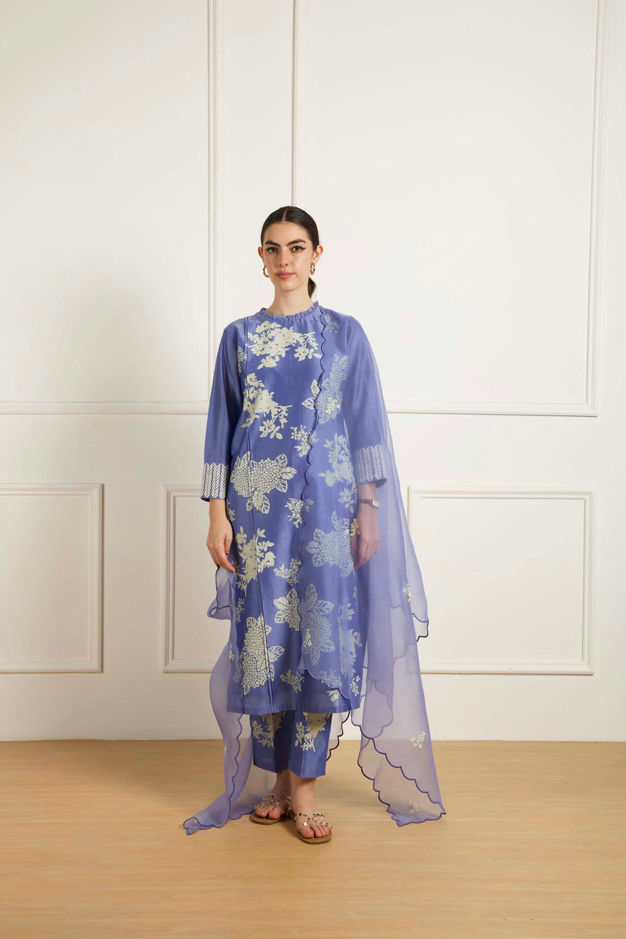 Twilight Front Pleats Tunic In Silk Chanderi And Printed Pants In Silk Chanderi