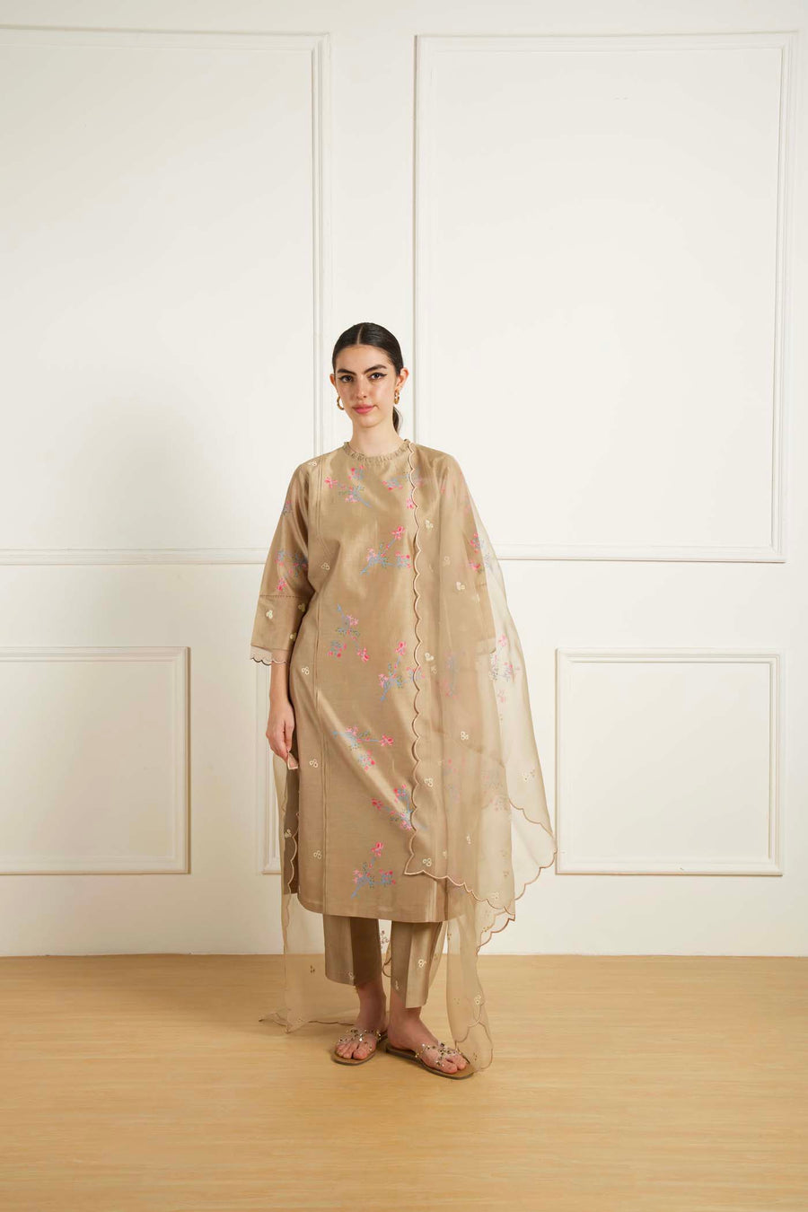 Beige Front Pleats Tunic In Silk Chanderi And Printed Pants In Silk Chanderi