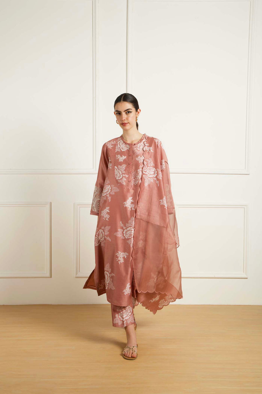 Almond Discharge Print Tunic And Pants In Silk Chanderi