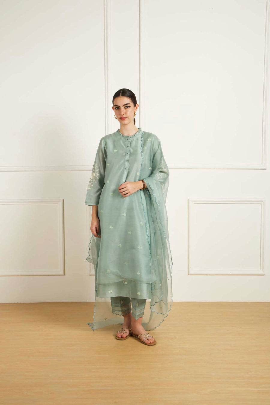 Mint Doulbe Layer Tunic In Silk Chanderi With Dori Embroidery And Pants In Silk Chanderi