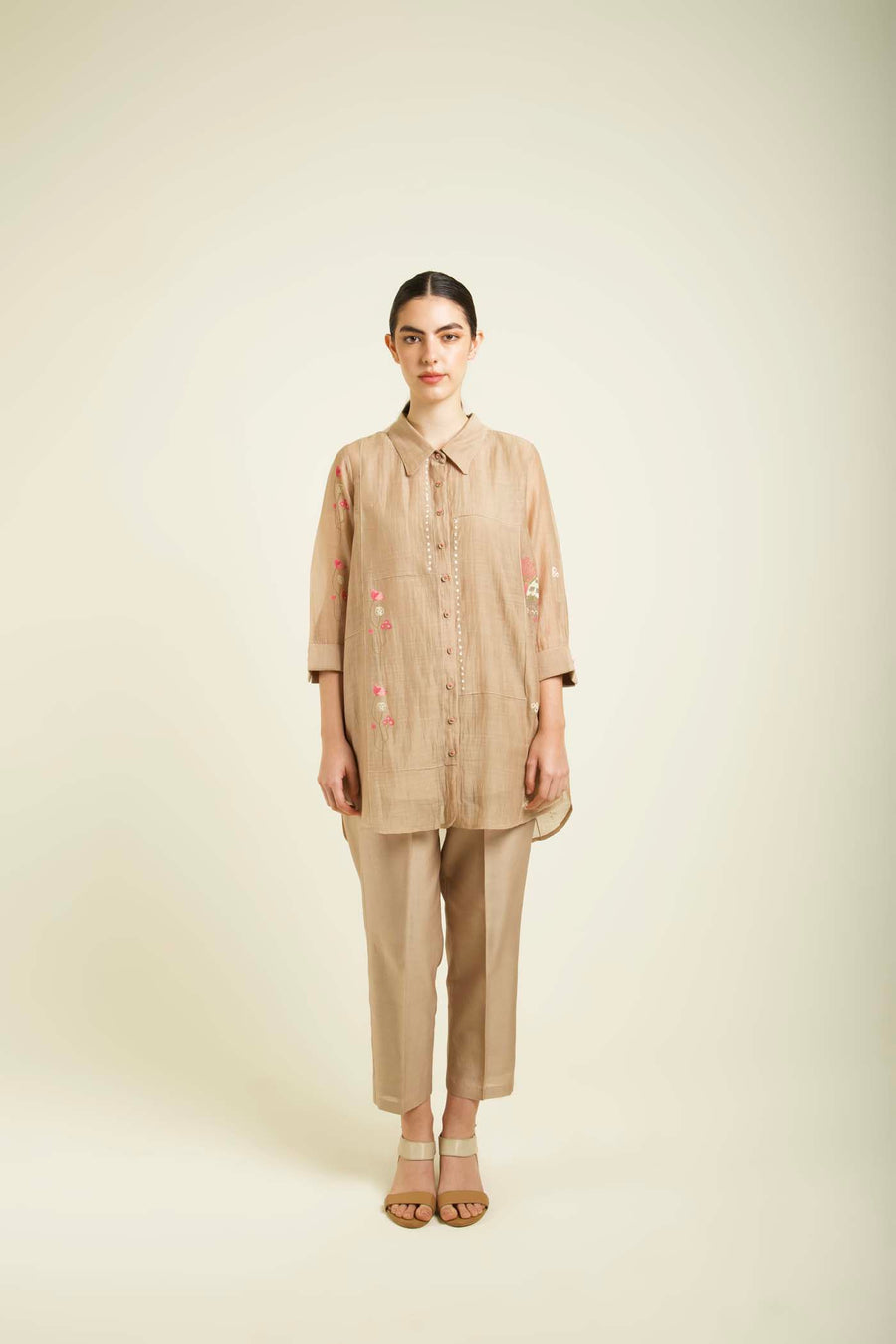 Beige Shirt In Mul Chanderi With Straight Pants In Silk Chanderi