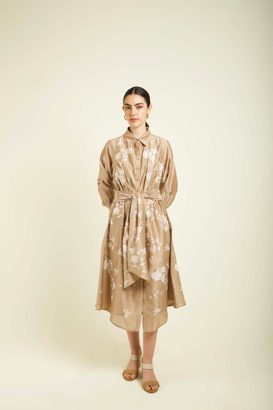 Beige Discharge Print Tie Up Dress In Silk Chanderi With Embroidery Details