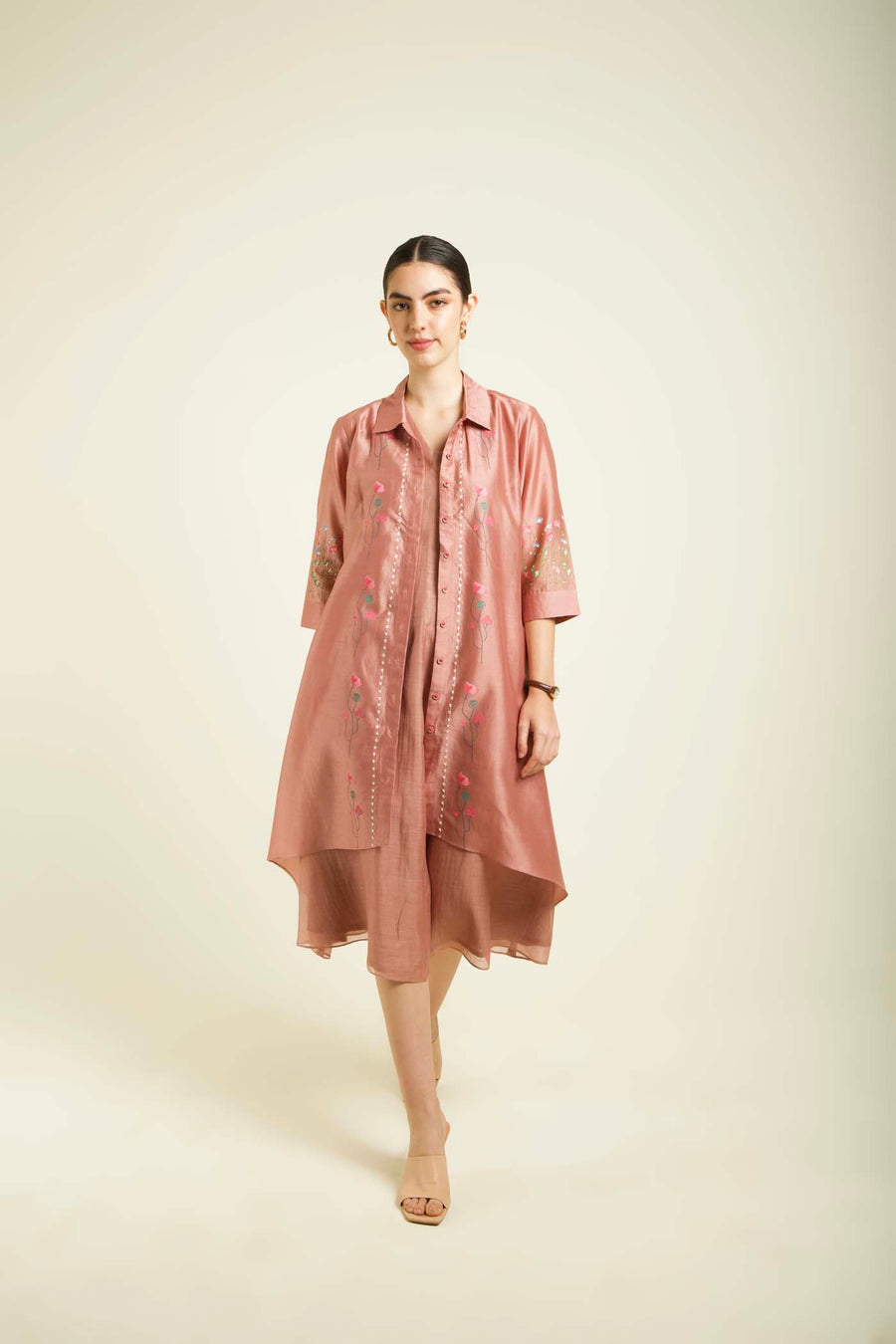 Almond Through On Jacket In Silk Chanderi With Plain Mul Chanderi Dress