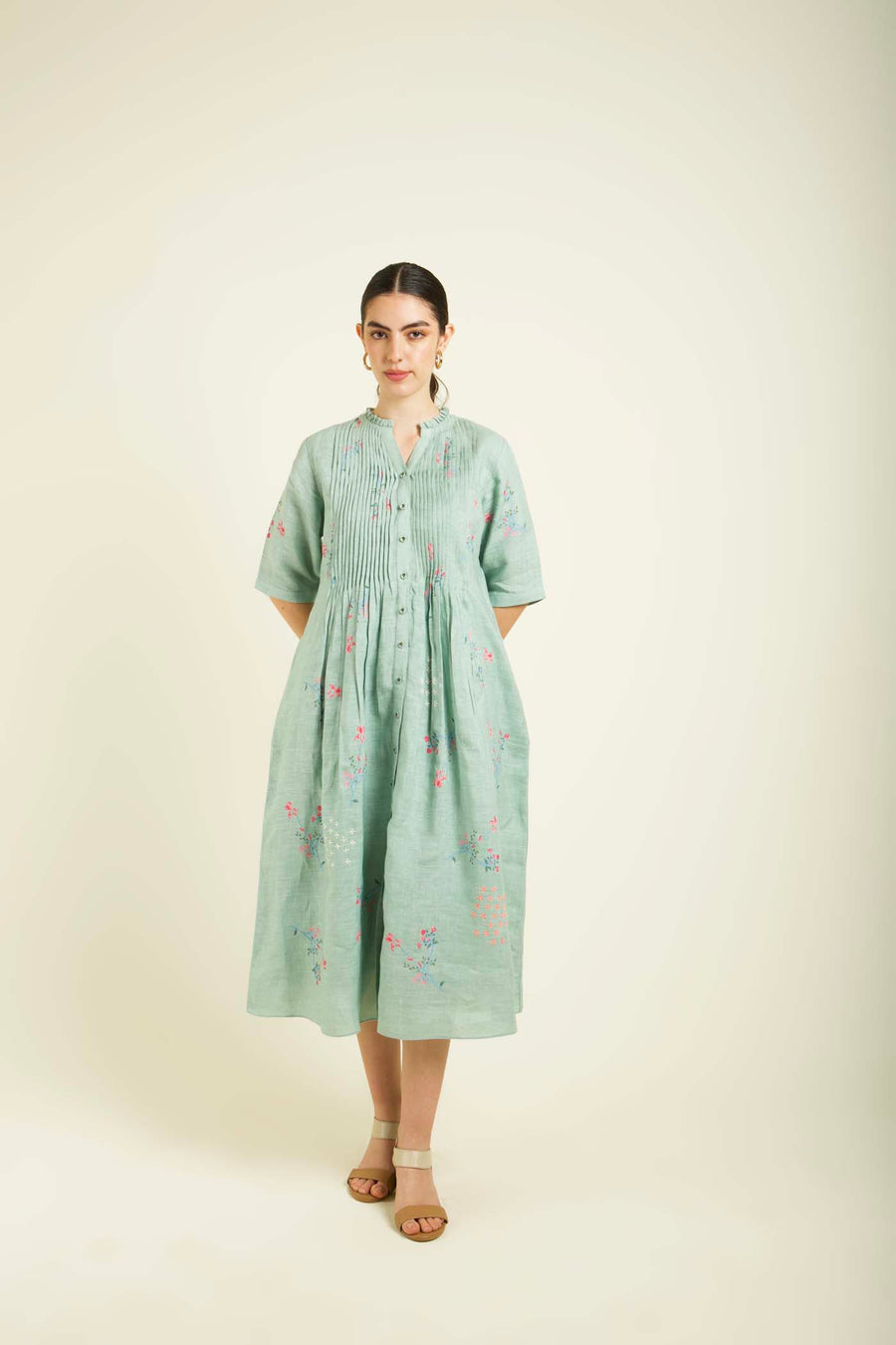 Mint Front Printed Dress In Linen With Embroidery Details