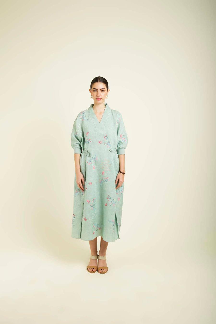 Mint Printed Slip Dress In Linen With Embroidery Details