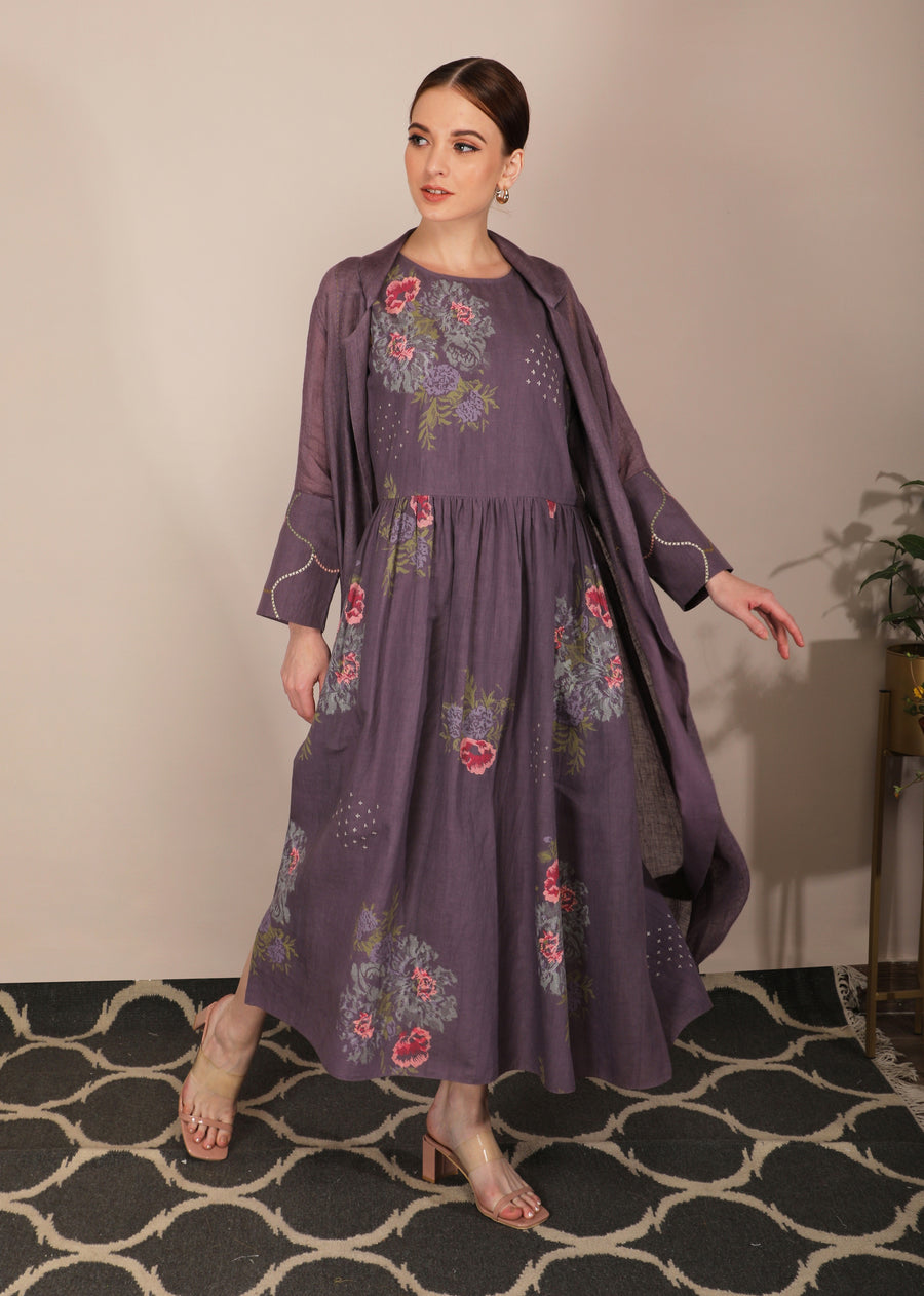 Dessert Rose Print Lavender Dress With Embroidered Jacket-Full Set-ARCVSH by Pallavi Singh