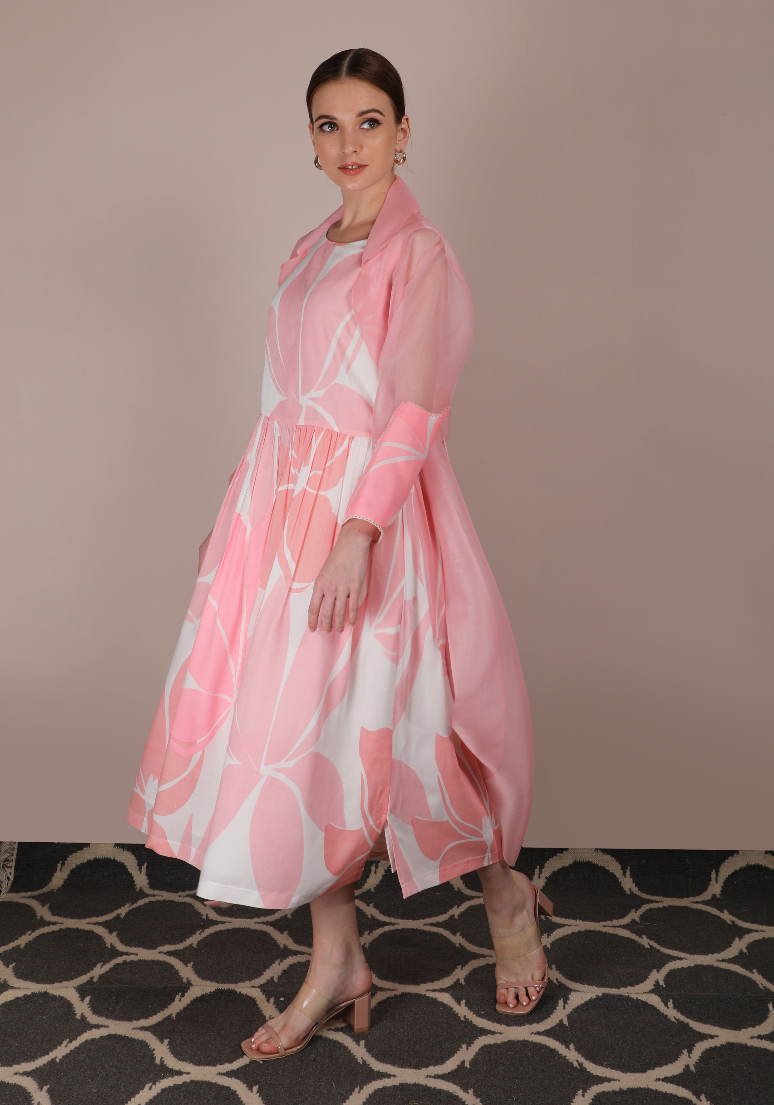 Lotus Print Dress With Pink Organza Jacket – ARCVSH by Pallavi Singh