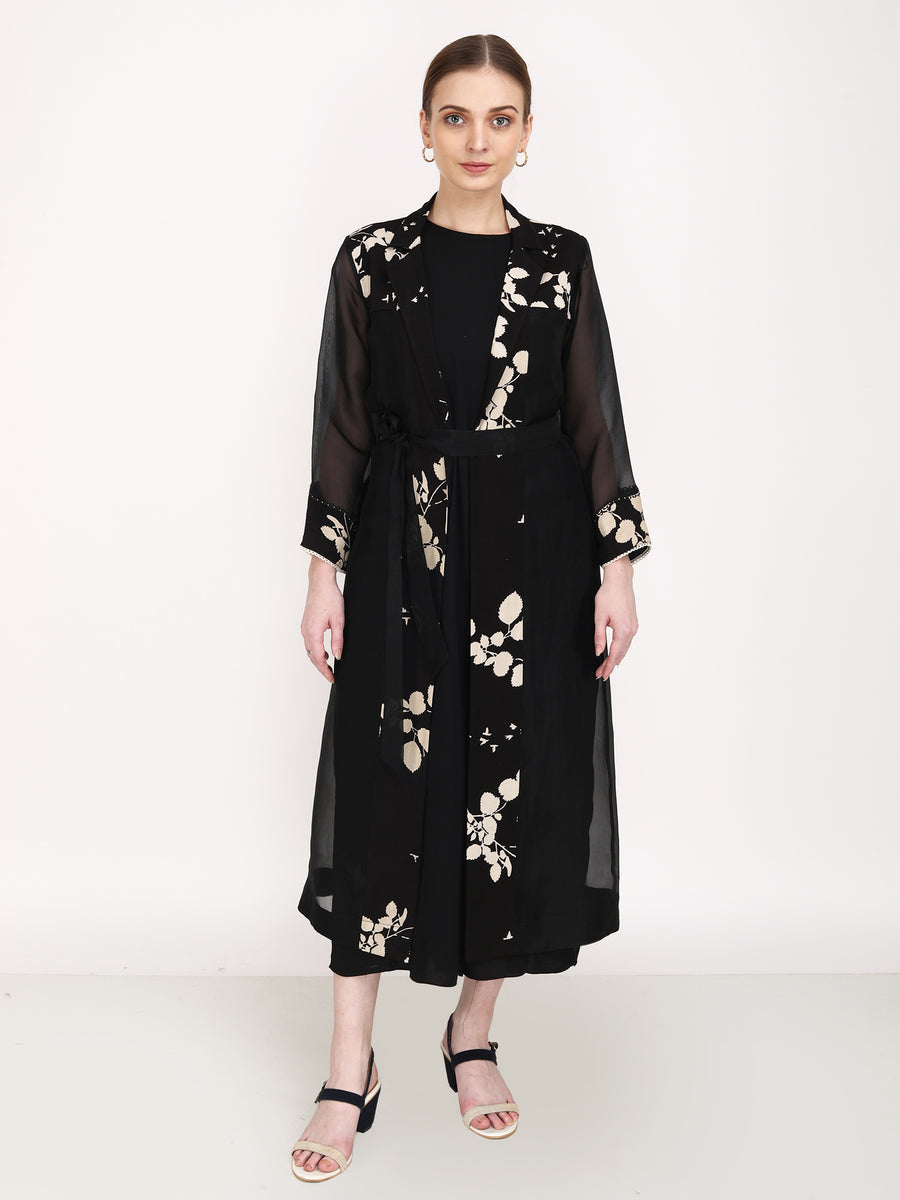 Solid Jumpsuit with Petal Print Panel Organza Jacket