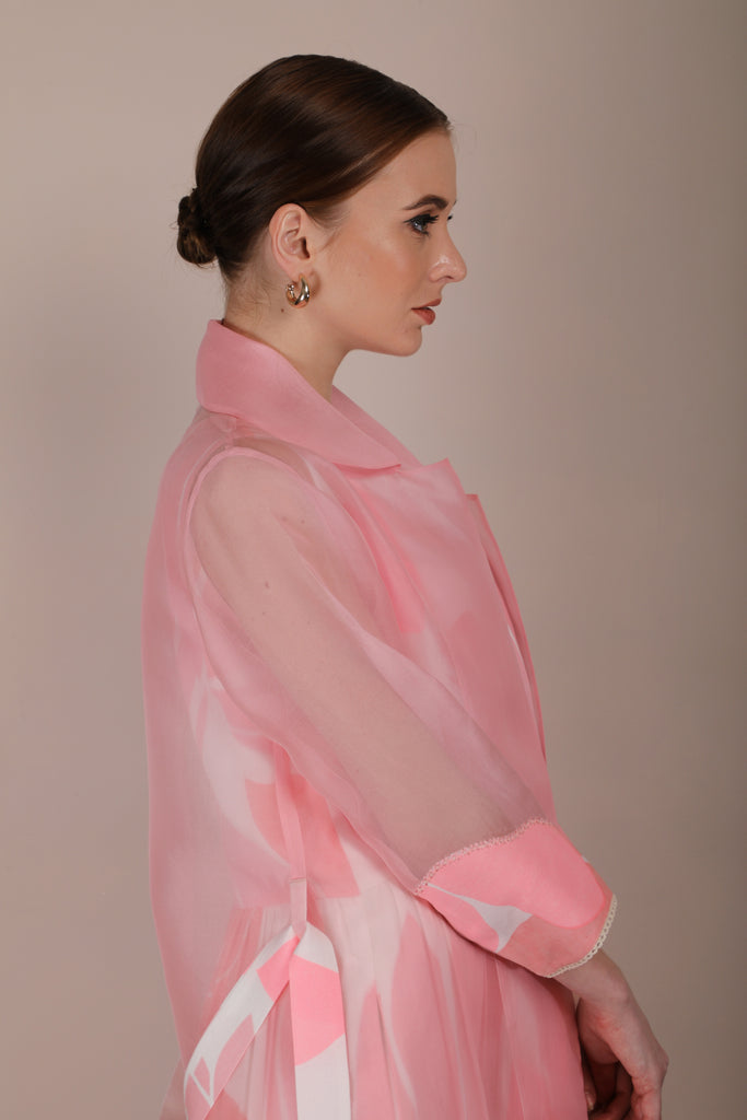 Lotus Print Dress With Pink Organza Jacket-Full Set-ARCVSH by Pallavi Singh