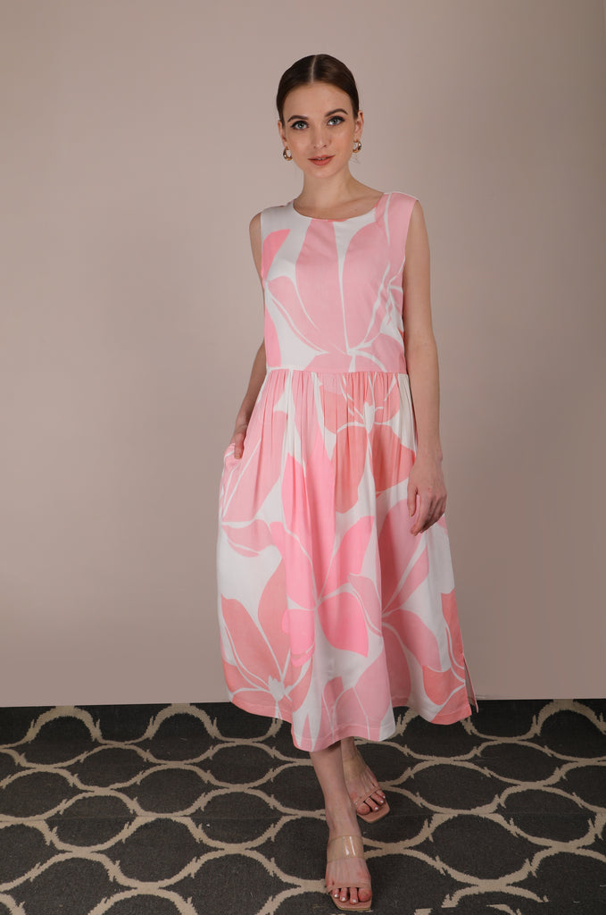 Lotus Print Dress With Pink Organza Jacket-Full Set-ARCVSH by Pallavi Singh