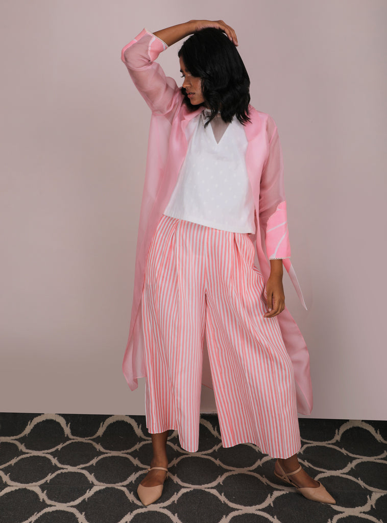 Pink Organza Jacket With Self Textured Top And Pink Stripe Culotes-Full Set-ARCVSH by Pallavi Singh