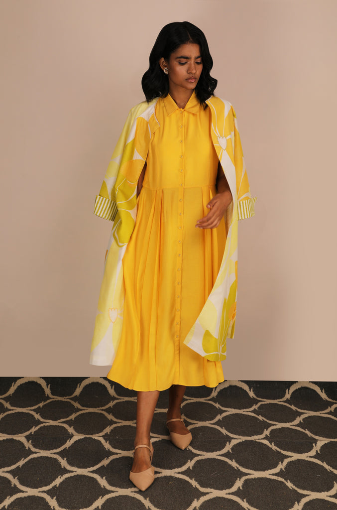 Lotus Print Jacket With Yellow Dress-Full Set-ARCVSH by Pallavi Singh