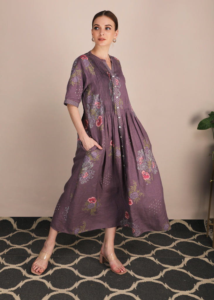 Dessert Rose Print Lavender Dress Without Belt-Dress-ARCVSH by Pallavi Singh