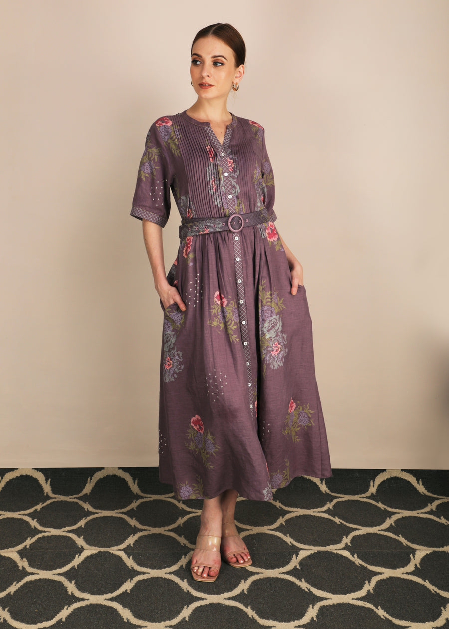 Dessert Rose Print Lavender Dress With Belt-Dress-ARCVSH by Pallavi Singh