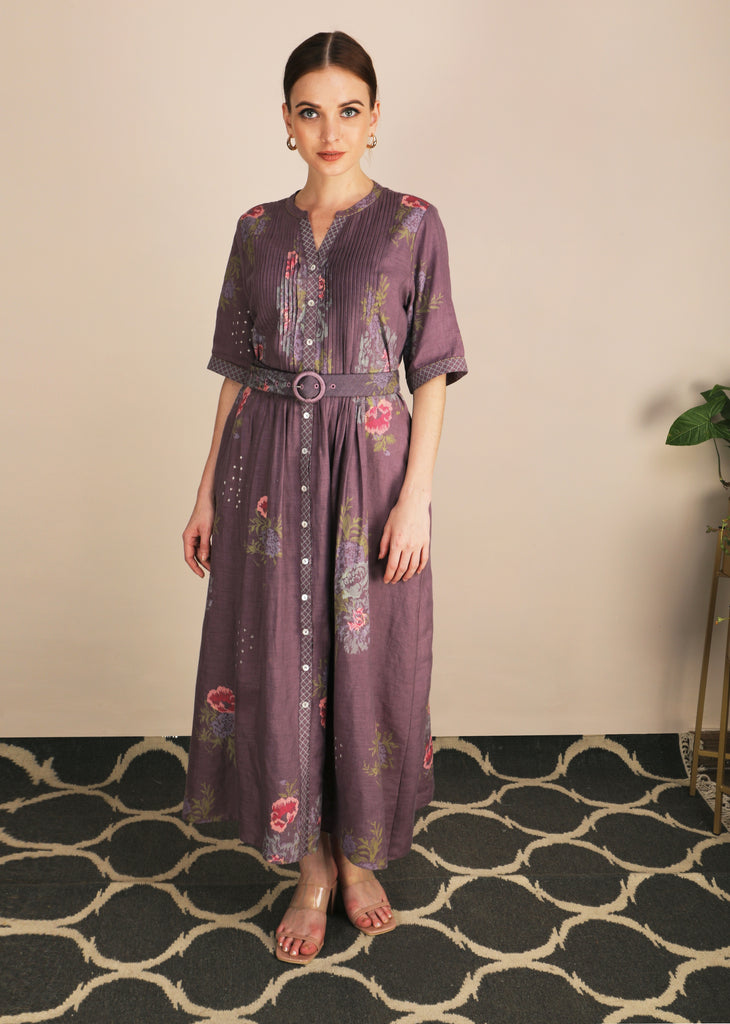 Dessert Rose Print Lavender Dress With Belt-Dress-ARCVSH by Pallavi Singh