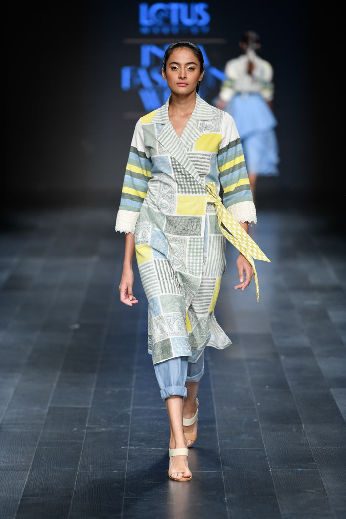 Green Handblock Print Wrap Jacket Dress-Dress-ARCVSH by Pallavi Singh