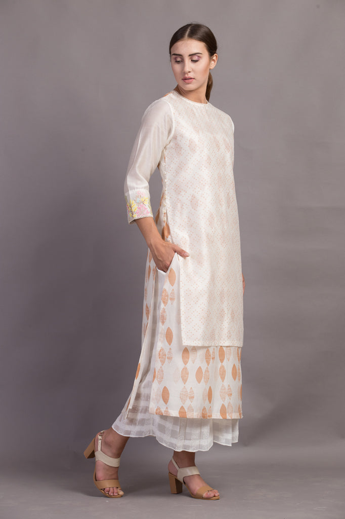 Ivory/ Beige Double Layer Printed Tunic-Tunic-ARCVSH by Pallavi Singh