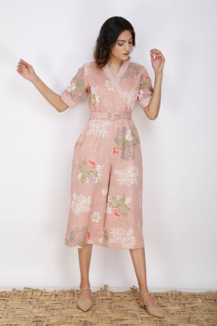 Roses Print Linen Jumpsuit-Jumpsuit-ARCVSH by Pallavi Singh