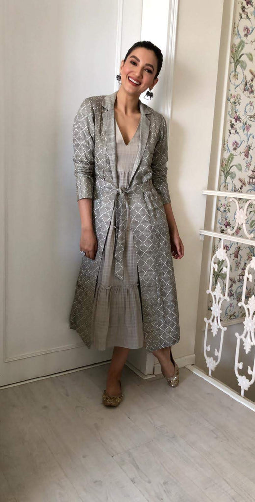 Gauahar Khan | Grey Checks Printed Jacket With Tiered Dress-Full Set-ARCVSH by Pallavi Singh