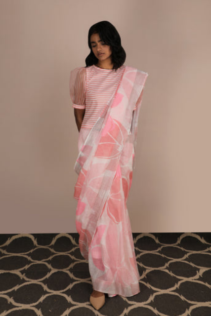 Lotus Print Saree With Stripe Blouse-Saree-ARCVSH by Pallavi Singh
