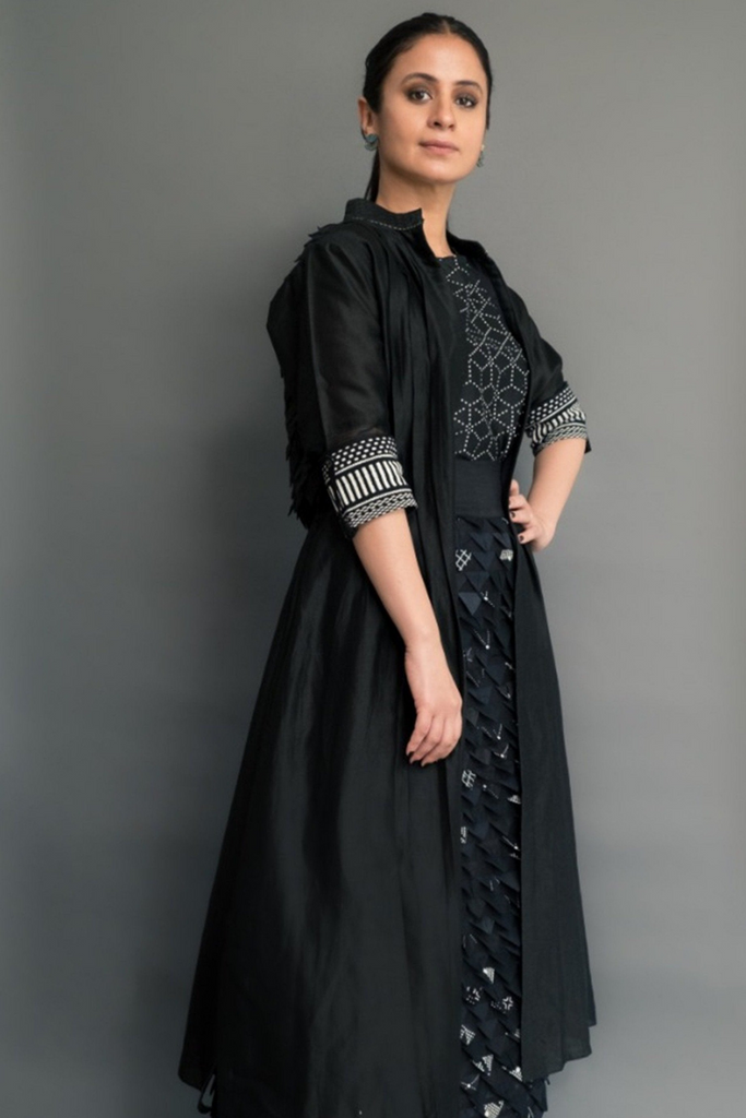 Rasika Duggal | Black Printed Shirt With Skirt and Jacket-Full Set-ARCVSH by Pallavi Singh