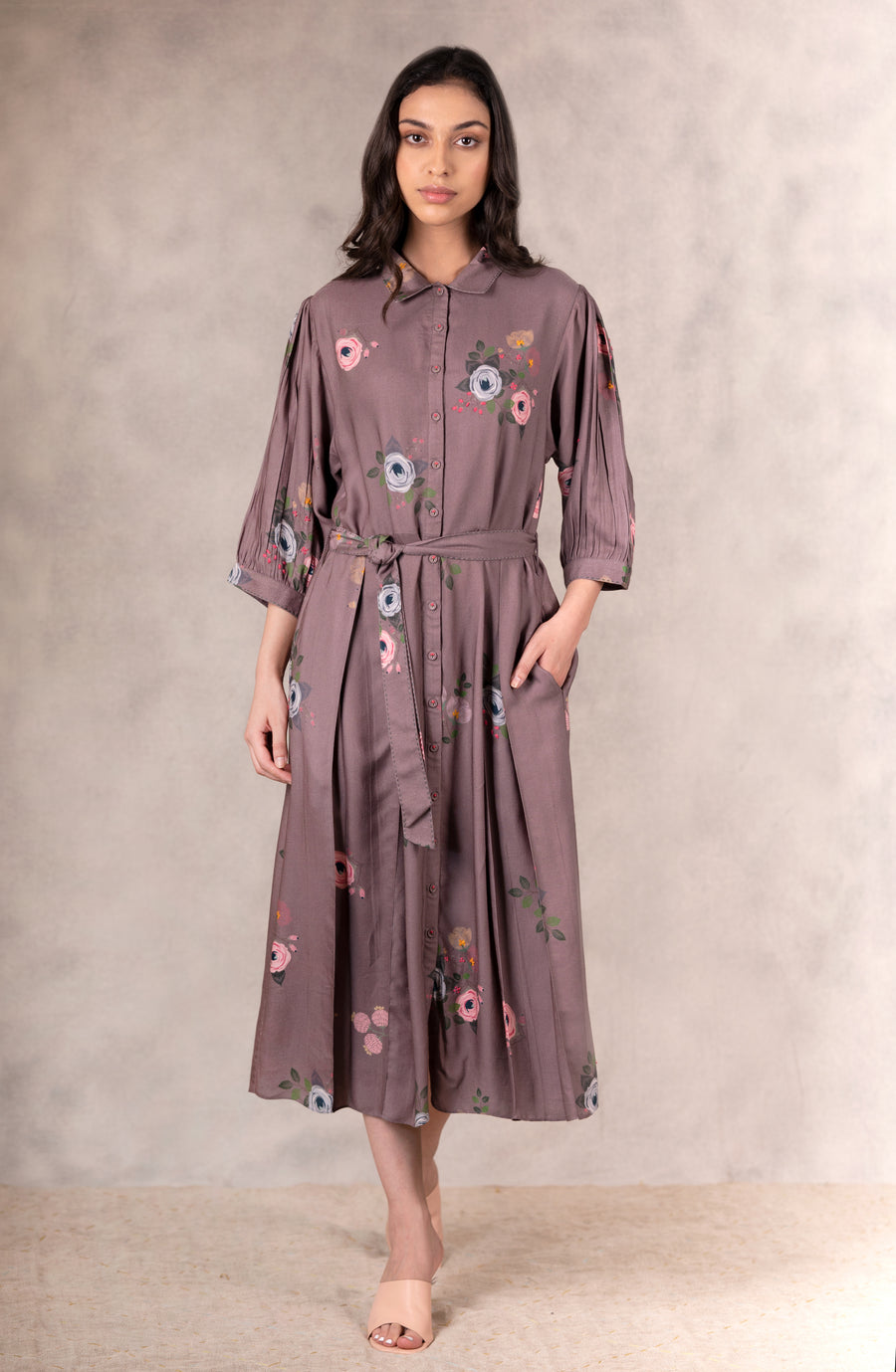 Coffee Eden Print Dress In Bemberg With Hand Embroidery Details-Dress-ARCVSH by Pallavi Singh