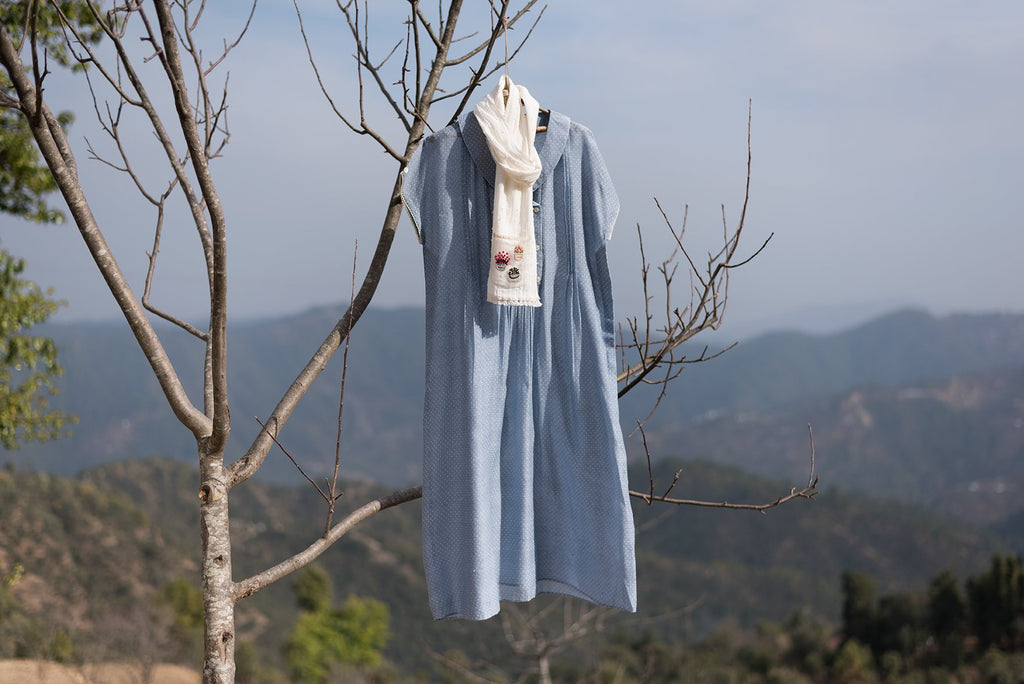 Denim Blue Corsage Scarf Dress-Dress-ARCVSH by Pallavi Singh