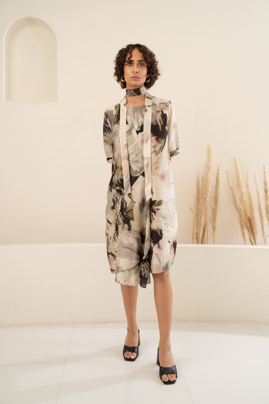SCATTERED PETALS CHANDERI ASYMMETRICAL DRESS