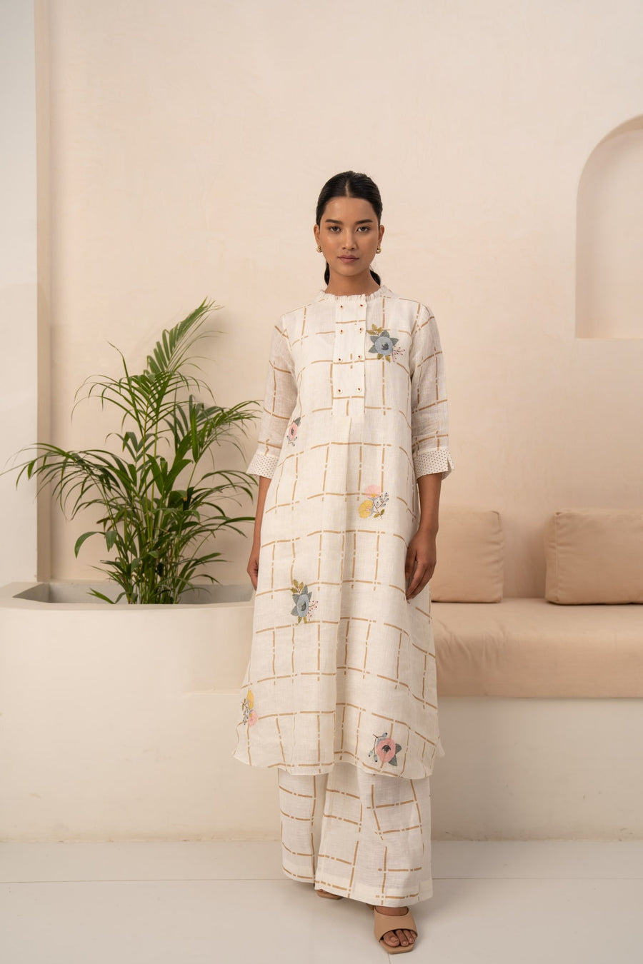 IVORY EMBROIDERED LINEN CHECKS TUNIC + CHECKS PANT