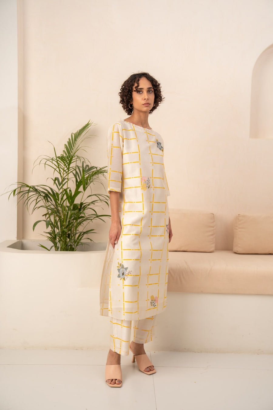 IVORY AND YELLOW CHECKS CHANDERI TUNIC AND CHECKS PANT