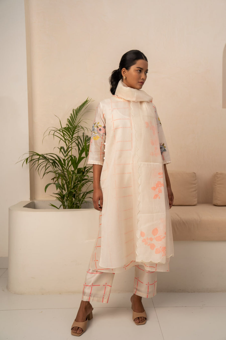 IVORY AND PINK CHECKS DOUBLE LAYER TUNIC AND PANT WITH DUPATTA