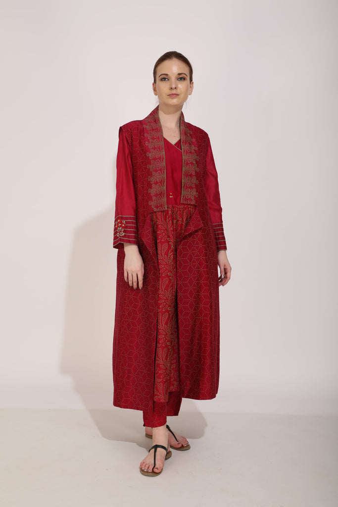 Beetroot Printed And Embroidered Kurta With Sleeves Paired With Sleeveless Jacket-Tunic-ARCVSH by Pallavi Singh