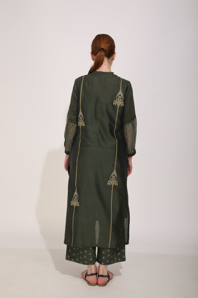 Olive Front Open Tunic With Applique Detail-Tunic-ARCVSH by Pallavi Singh