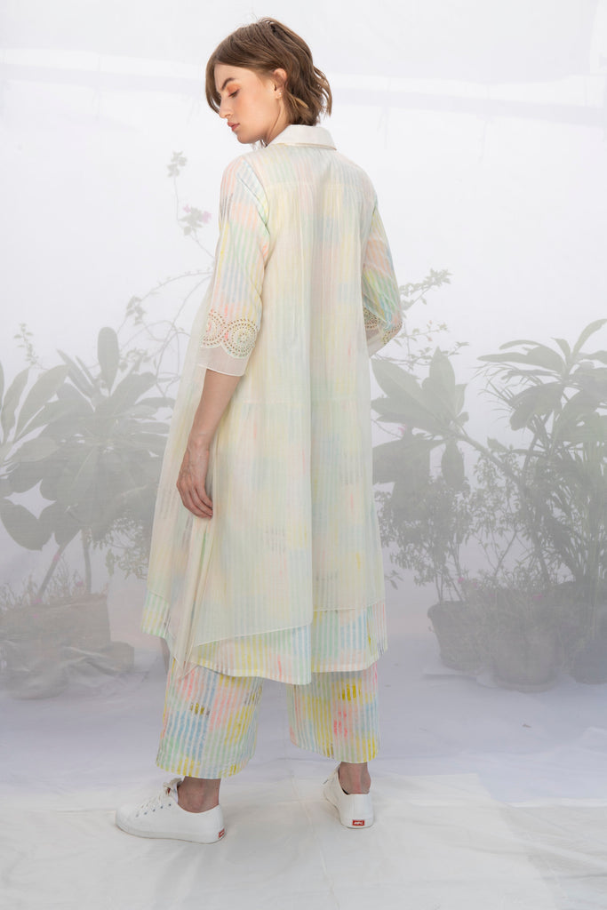 Ivory Multi Stripe Double Layer Dress With Flare Pants-Full Set-ARCVSH by Pallavi Singh