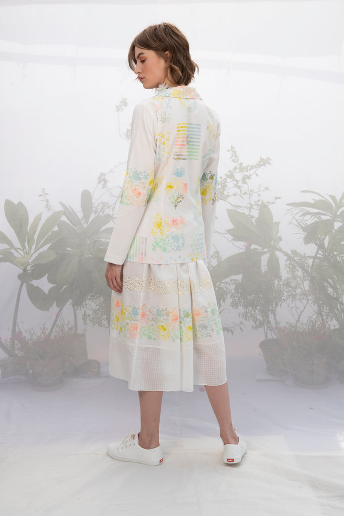 Ivory Hand Block Printed Jacket With Skirt-Full Set-ARCVSH by Pallavi Singh