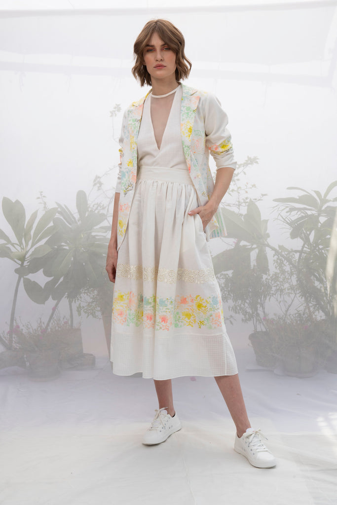 Ivory Hand Block Printed Skirt With Embroidery-Skirt-ARCVSH by Pallavi Singh