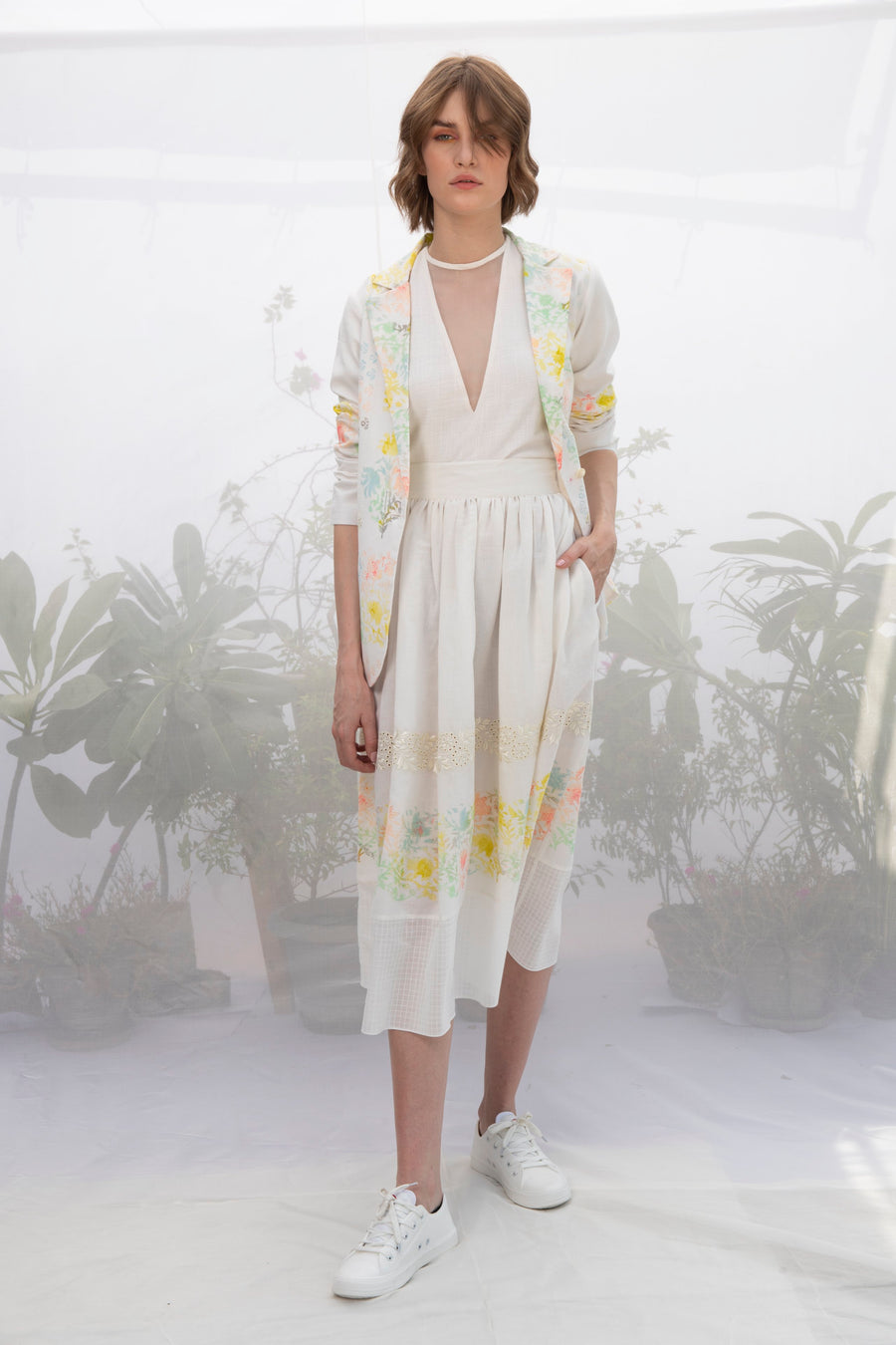 Ivory Hand Block Printed Skirt With Embroidery-Skirt-ARCVSH by Pallavi Singh