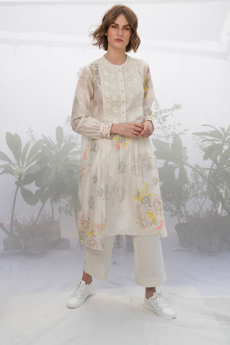 Ivory Shiffli Embroidered Yoke Tunic-Tunic-ARCVSH by Pallavi Singh