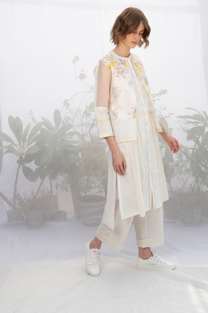 Ivory Panelled Tunic With Kantha Details And Without Sleeves-Tunic-ARCVSH by Pallavi Singh